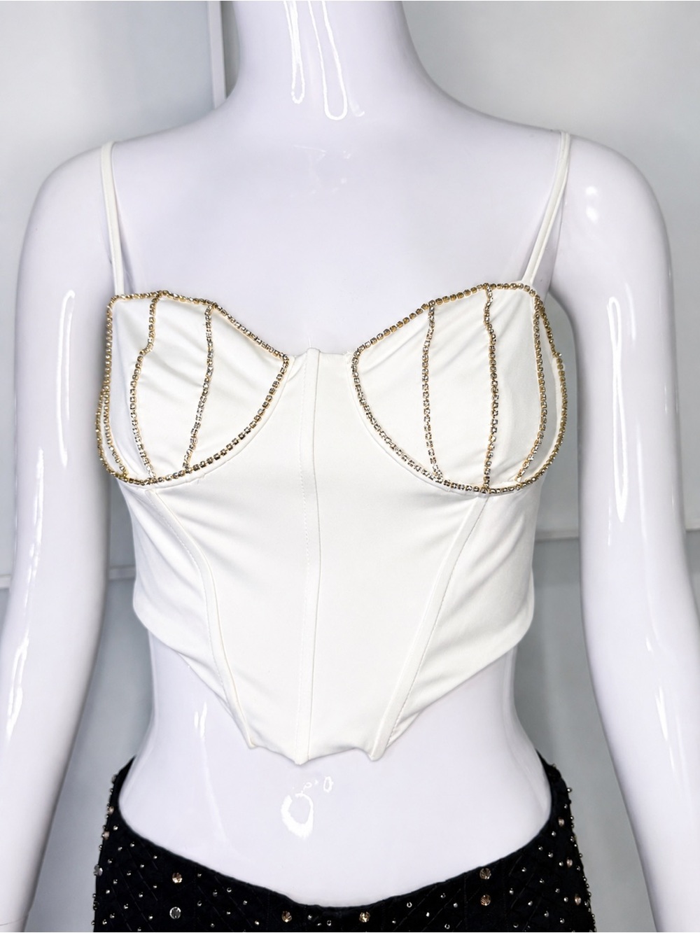✨ BERSHKA White Rhinestone Bustier Corset Crop Top Y2K Coquette Festival Size M